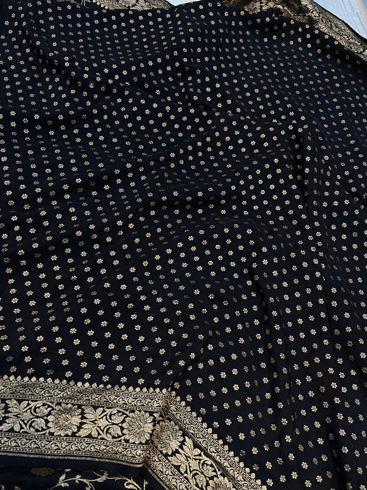 Black Pure Banarasi Khaddi Crepe Silk Saree - Aura Benaras