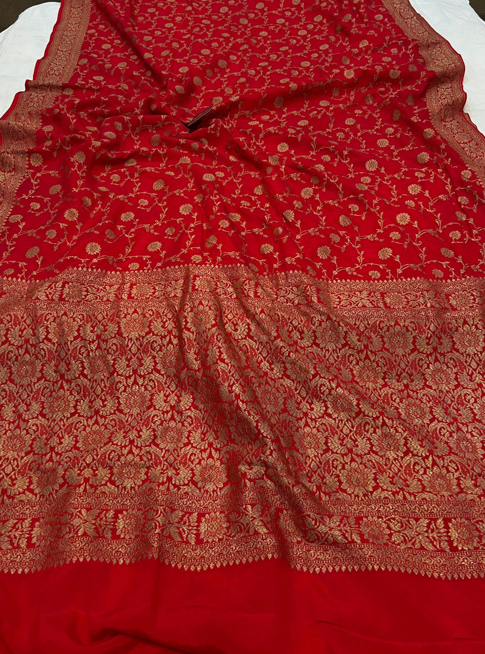 Red Pure Banarasi Khaddi Crepe Silk Saree - Aura Benaras