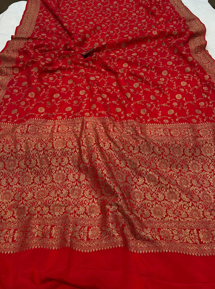 Red Pure Banarasi Khaddi Crepe Silk Saree - Aura Benaras