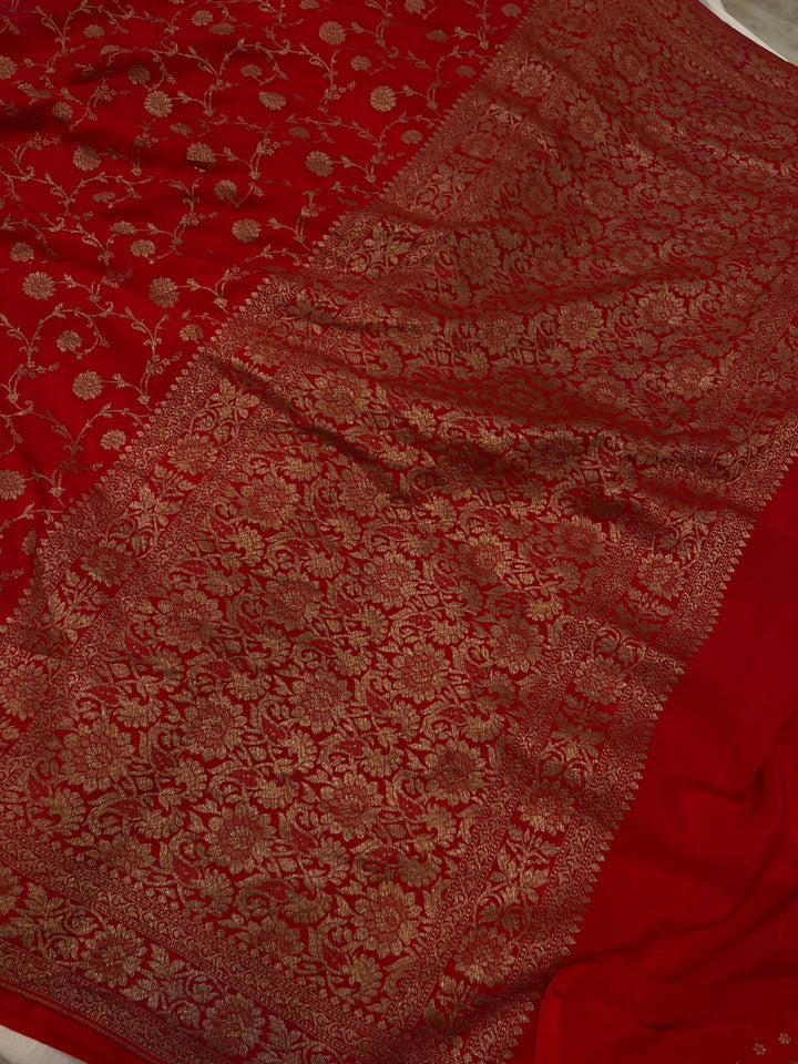 Red Pure Banarasi Khaddi Crepe Silk Saree - Aura Benaras