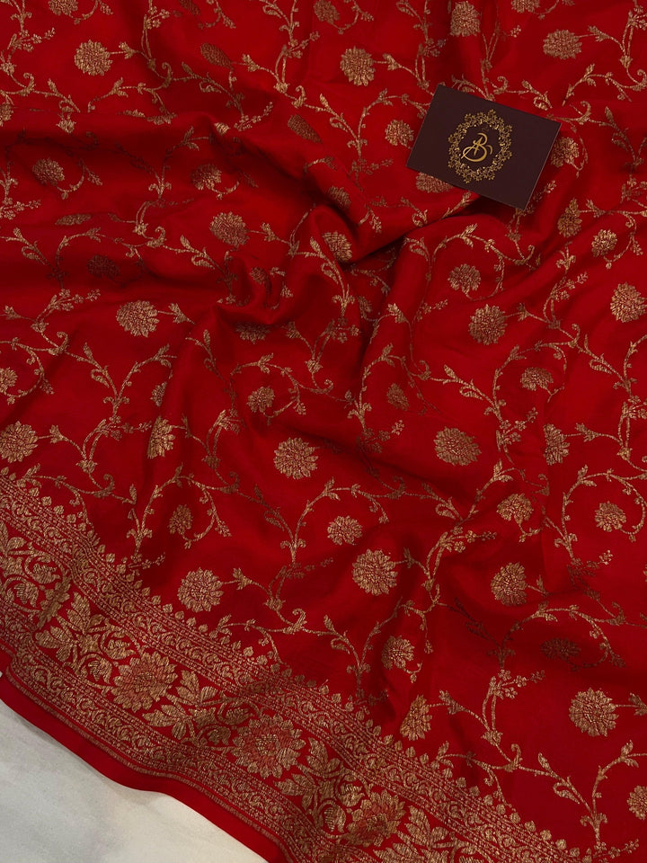 Red Pure Banarasi Khaddi Crepe Silk Saree - Aura Benaras