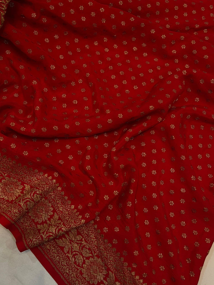 Red Pure Banarasi Khaddi Crepe Silk Saree - Aura Benaras