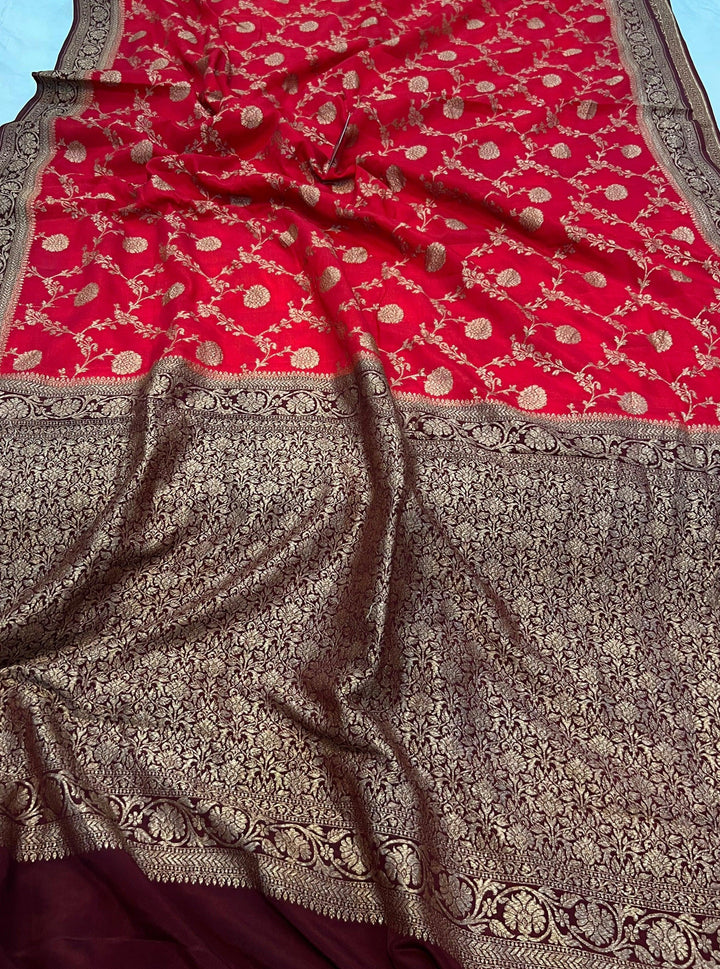 Red Pure Banarasi Khaddi Crepe Silk Saree - Aura Benaras