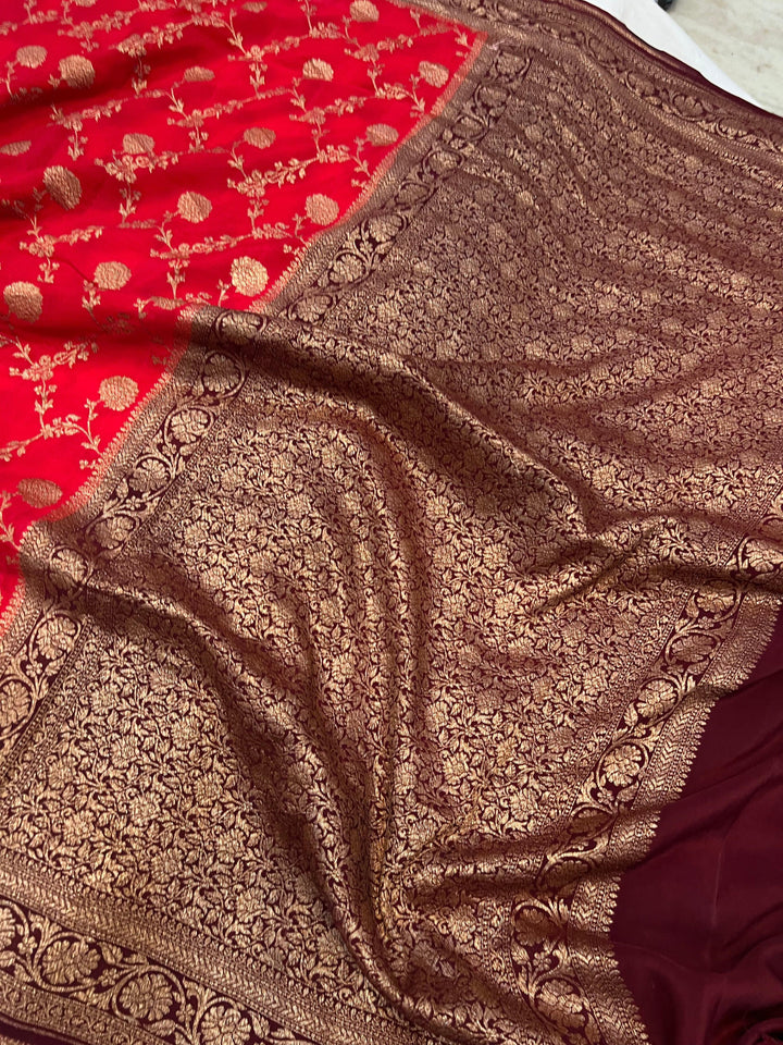 Red Pure Banarasi Khaddi Crepe Silk Saree - Aura Benaras