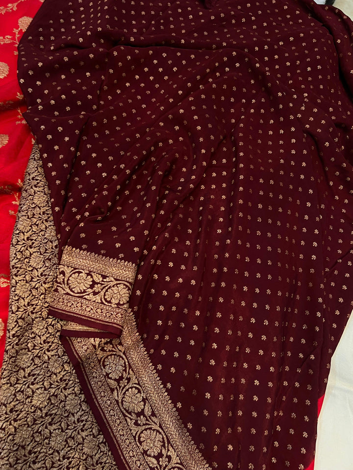 Red Pure Banarasi Khaddi Crepe Silk Saree - Aura Benaras