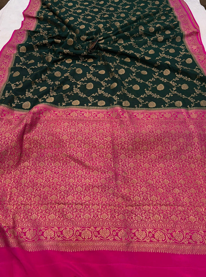Bottle green Pure Banarasi Khaddi Crepe Silk Saree - Aura Benaras
