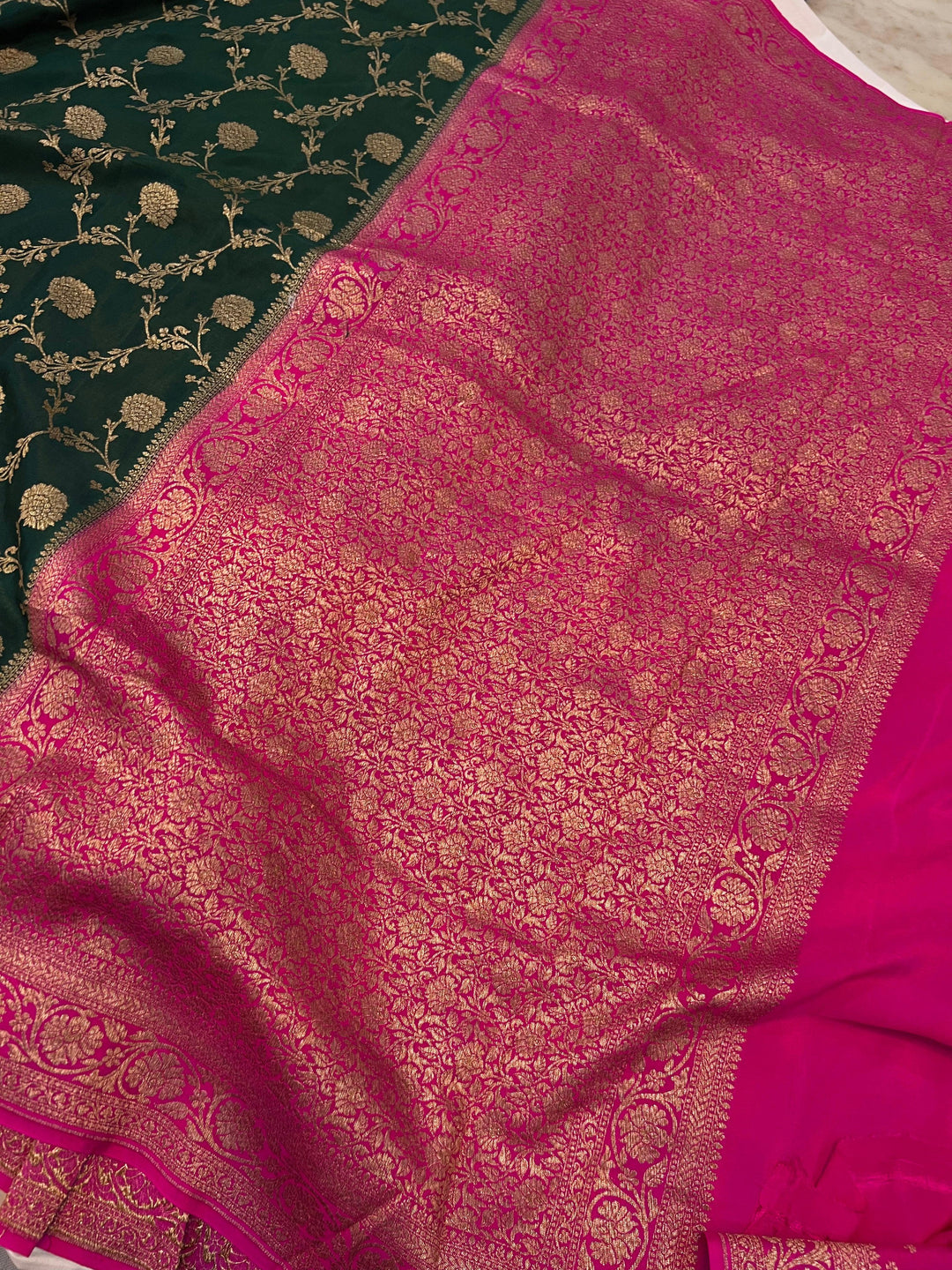 Bottle green Pure Banarasi Khaddi Crepe Silk Saree - Aura Benaras