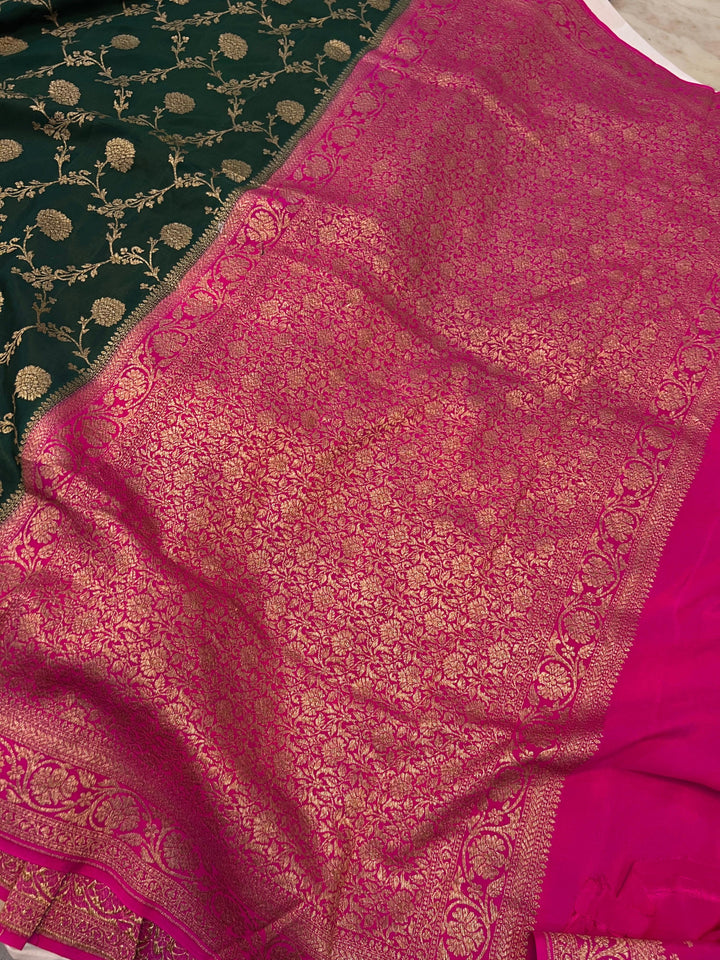 Bottle green Pure Banarasi Khaddi Crepe Silk Saree - Aura Benaras