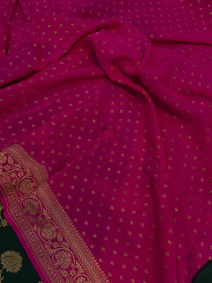 Bottle green Pure Banarasi Khaddi Crepe Silk Saree - Aura Benaras