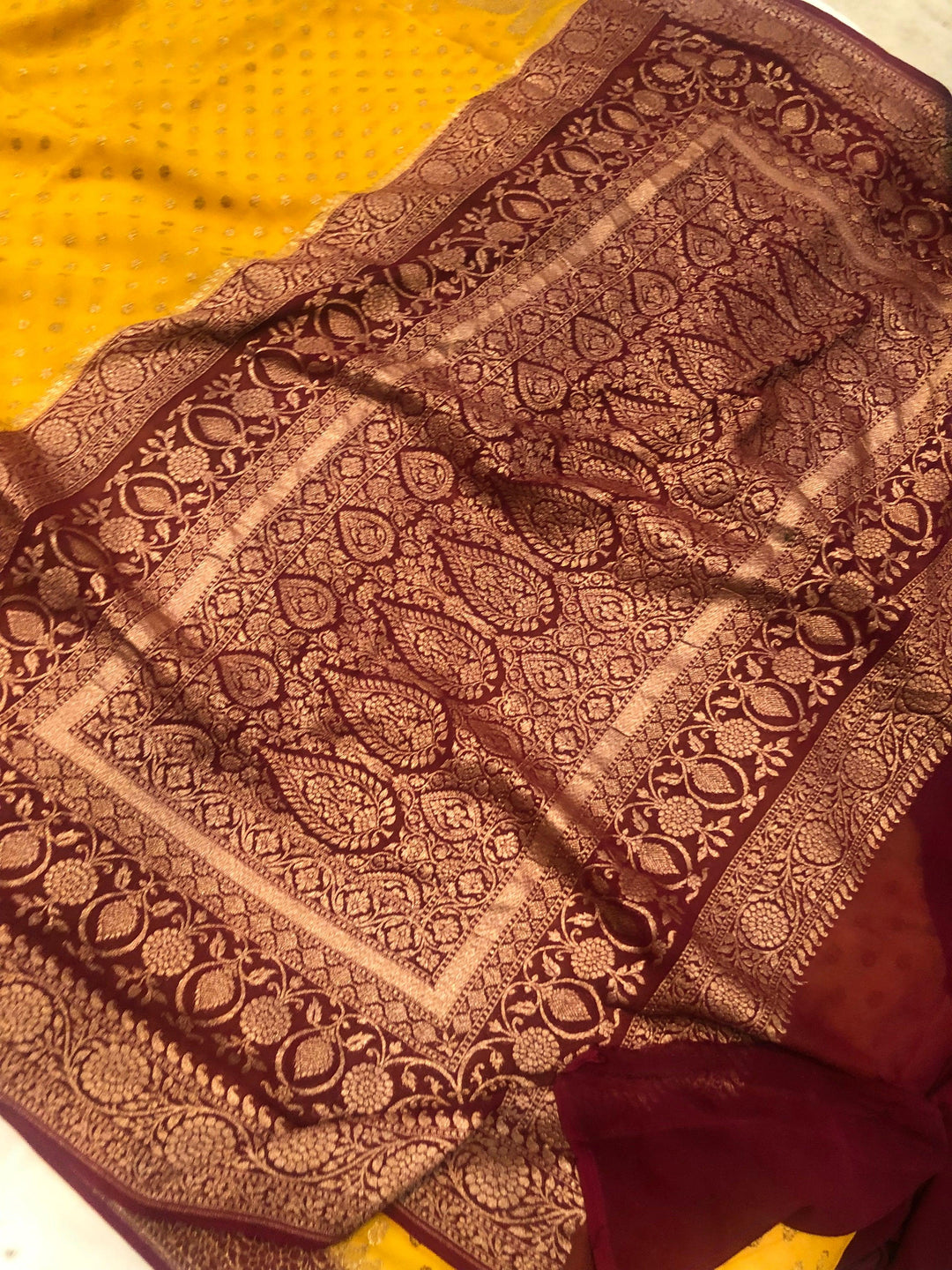 Mustard Yellow Pure Banarasi Khaddi Georgette Saree - Aura Benaras