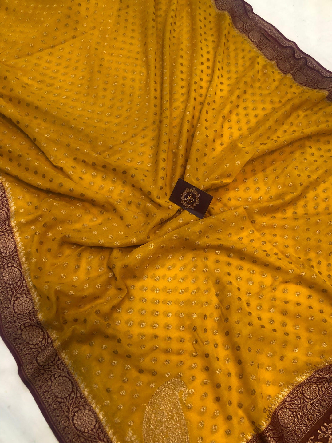 Mustard Yellow Pure Banarasi Khaddi Georgette Saree - Aura Benaras