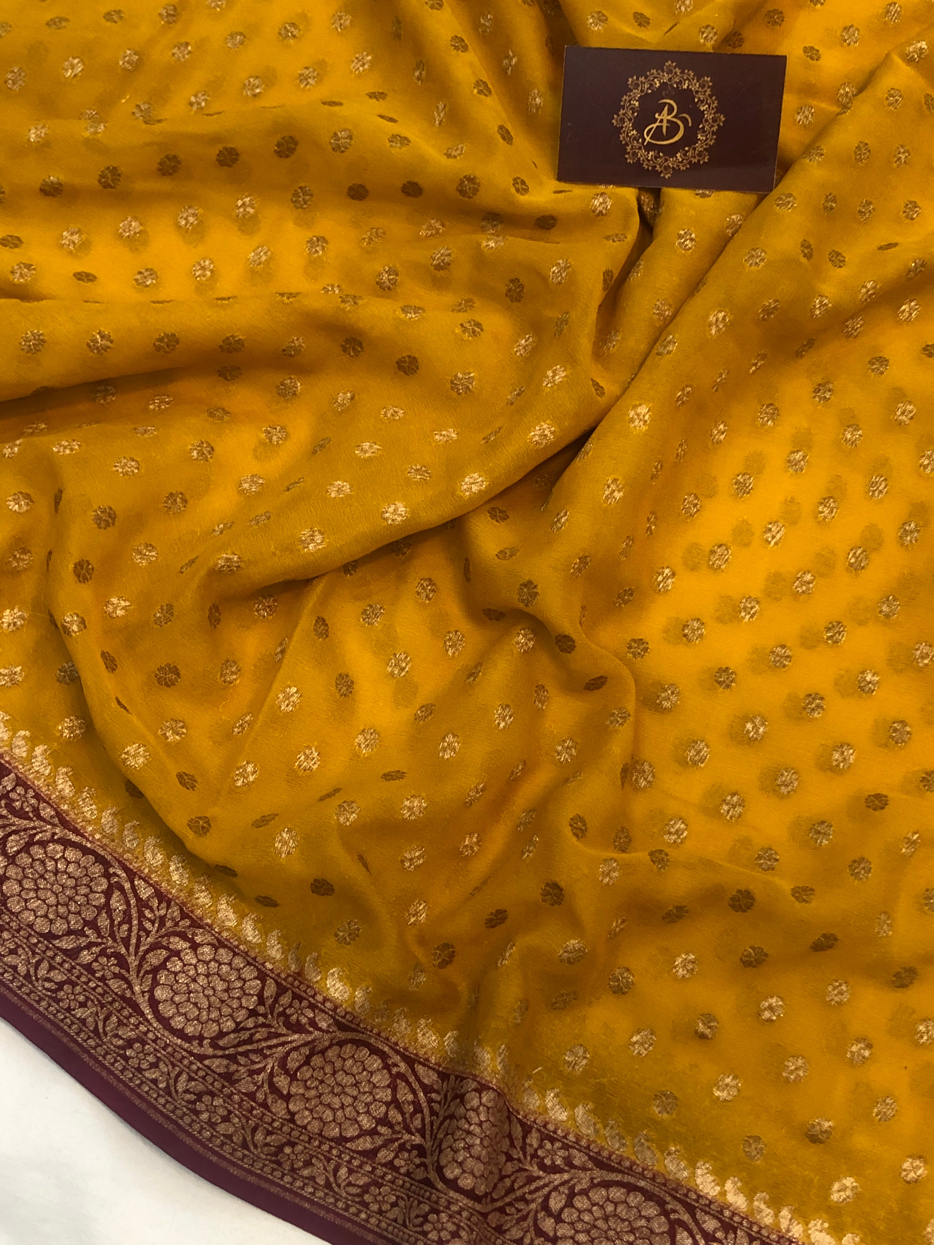 MUSTARD YELLOW WOVEN KHADDI GEORGETTE BANARASI SAREE WITH –  zarikaariindia.com