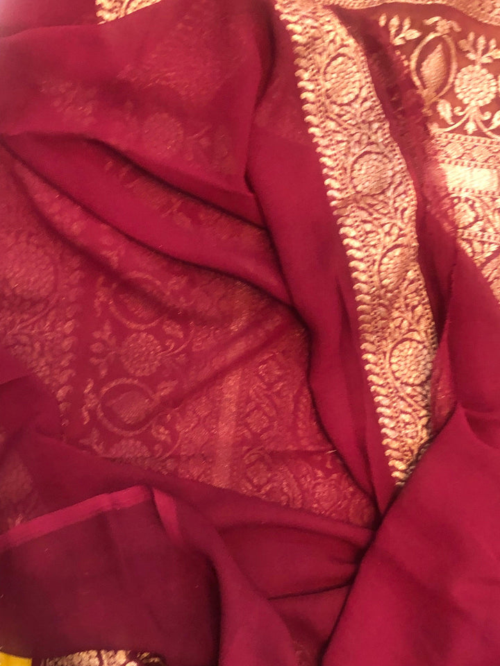 Mustard Yellow Pure Banarasi Khaddi Georgette Saree - Aura Benaras