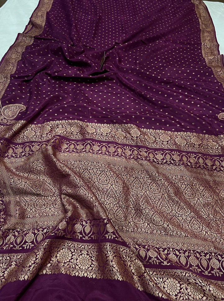 Wine Pure Banarasi Khaddi Crepe Silk Saree - Aura Benaras