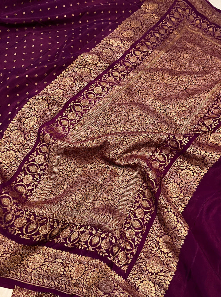 Wine Pure Banarasi Khaddi Crepe Silk Saree - Aura Benaras