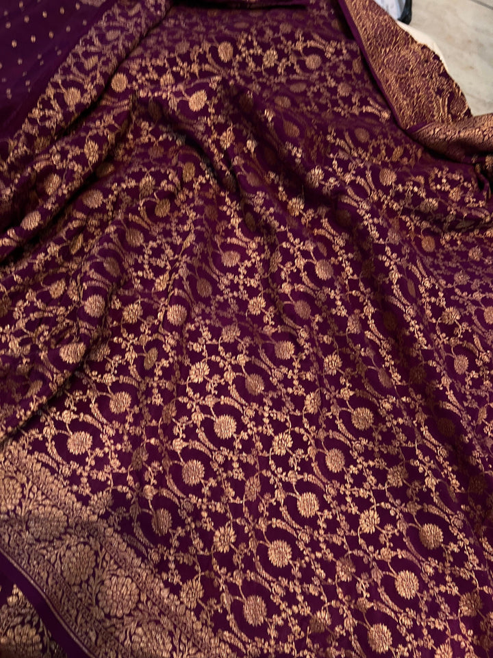 Wine Pure Banarasi Khaddi Crepe Silk Saree - Aura Benaras