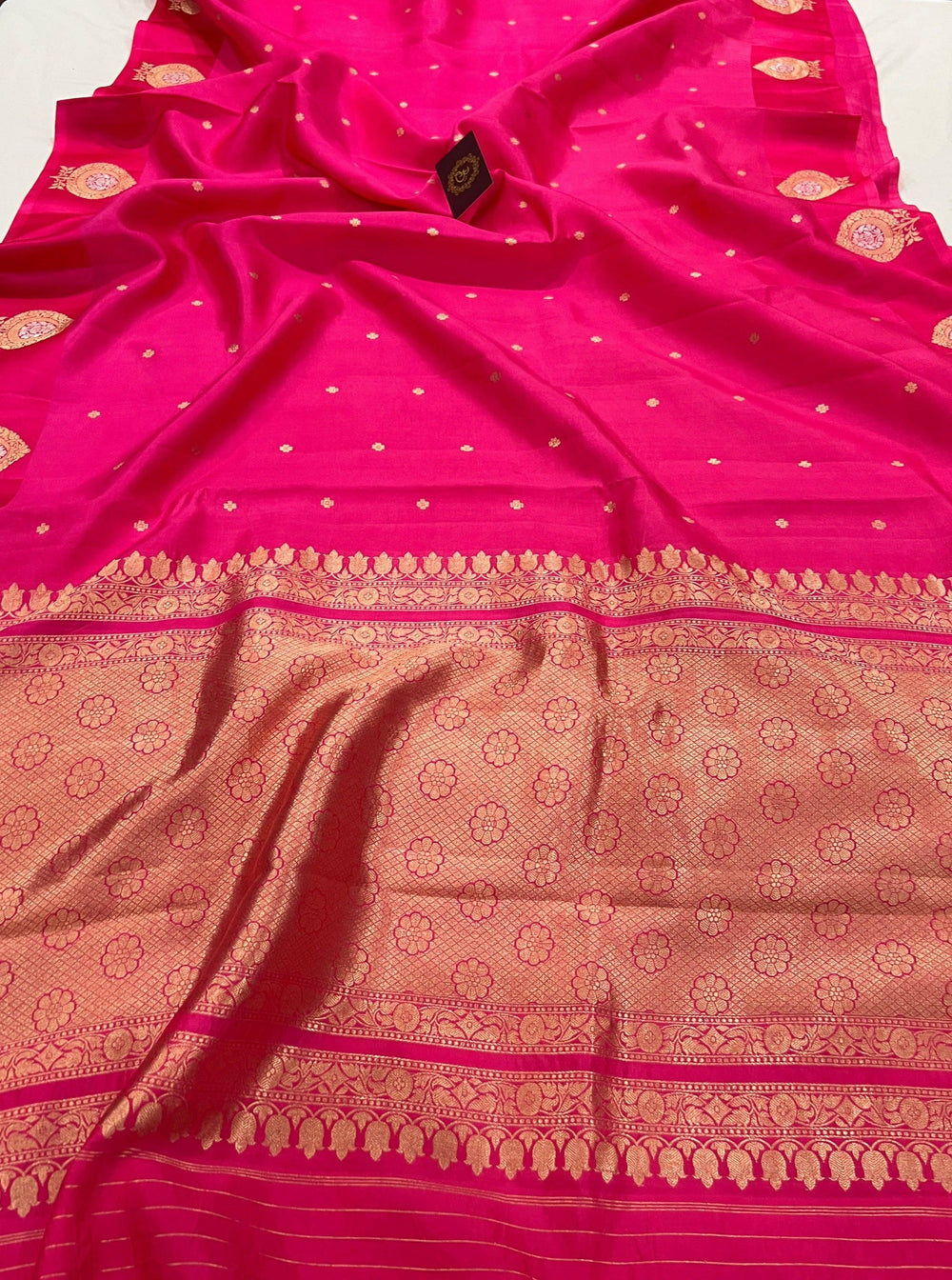 Orangish Pink Pure Banarasi Handloom Silk Saree - Aura Benaras