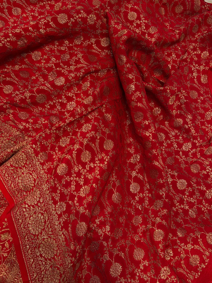 Red Pure Banarasi Khaddi Crepe Silk Saree - Aura Benaras