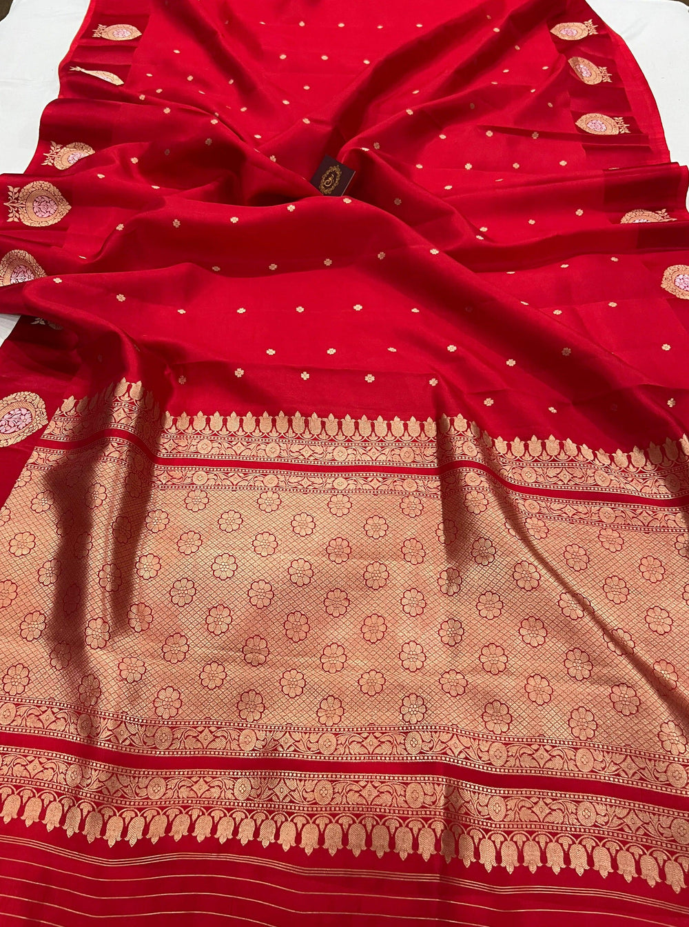 Red Pure Banarasi Handloom Silk Saree - Aura Benaras