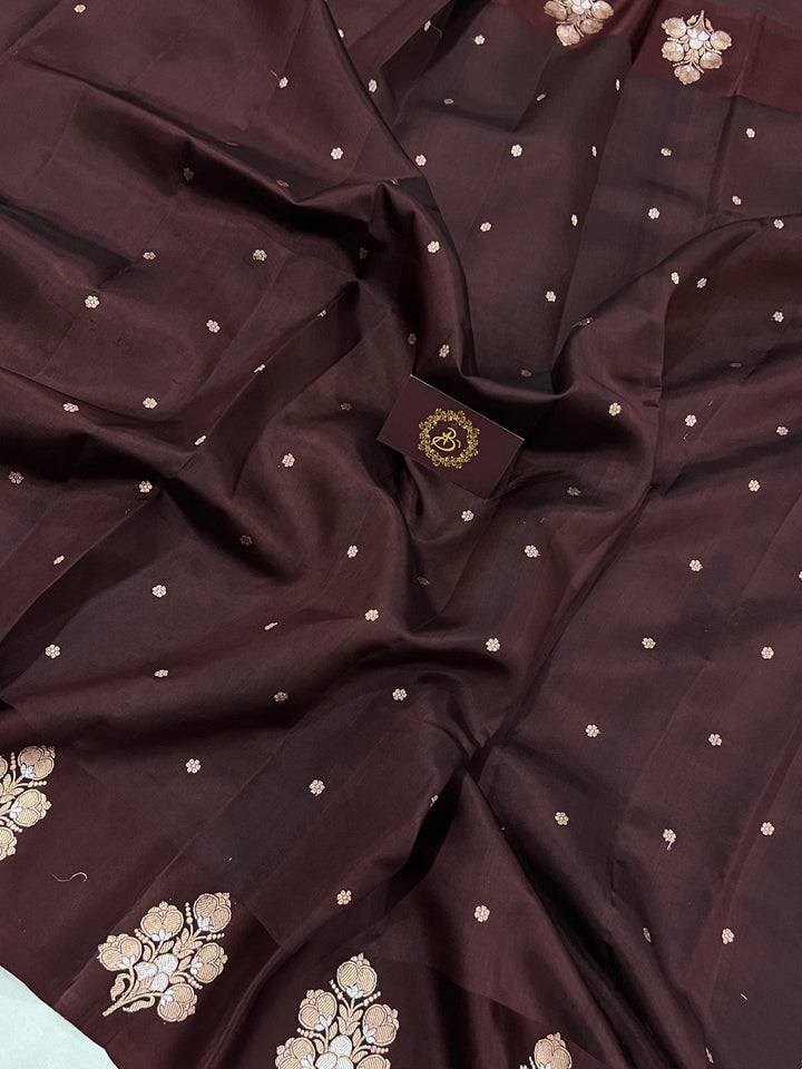 Coffee Brown Pure Banarasi Handloom Silk Saree - Aura Benaras