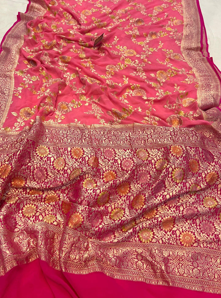 Peachish Pink Banarasi Handloom Pure Georgette Saree - Aura Benaras