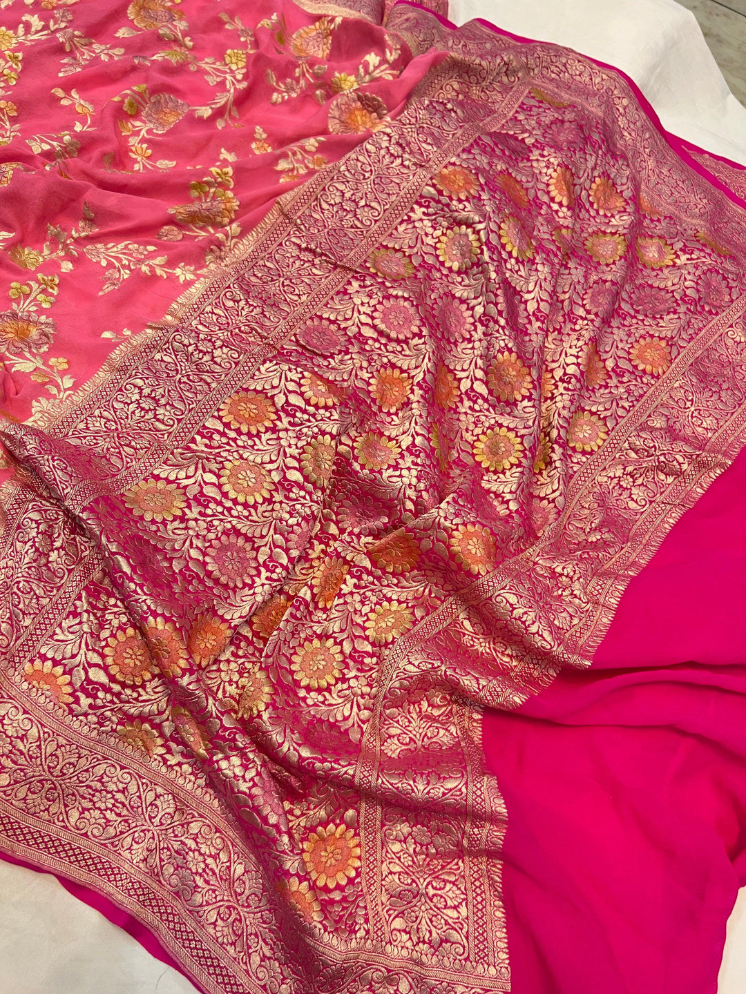 Peachish Pink Banarasi Handloom Pure Georgette Saree - Aura Benaras