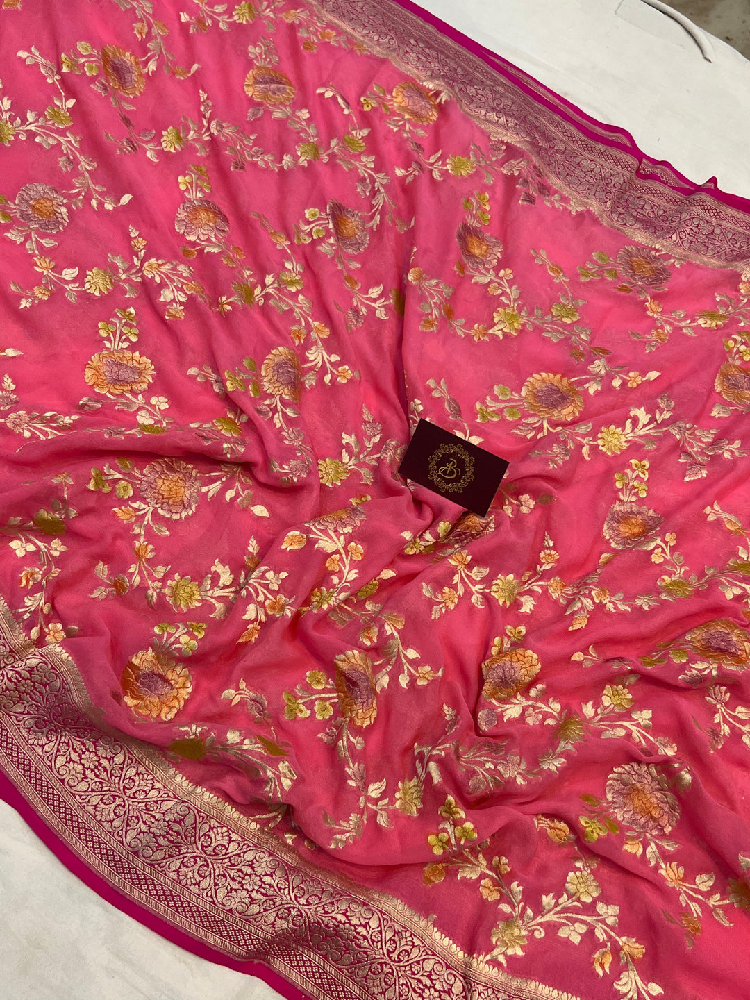 Peachish Pink Banarasi Handloom Pure Georgette Saree - Aura Benaras