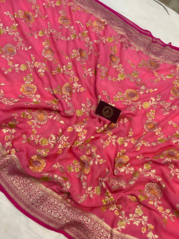 Peachish Pink Banarasi Handloom Pure Georgette Saree - Aura Benaras