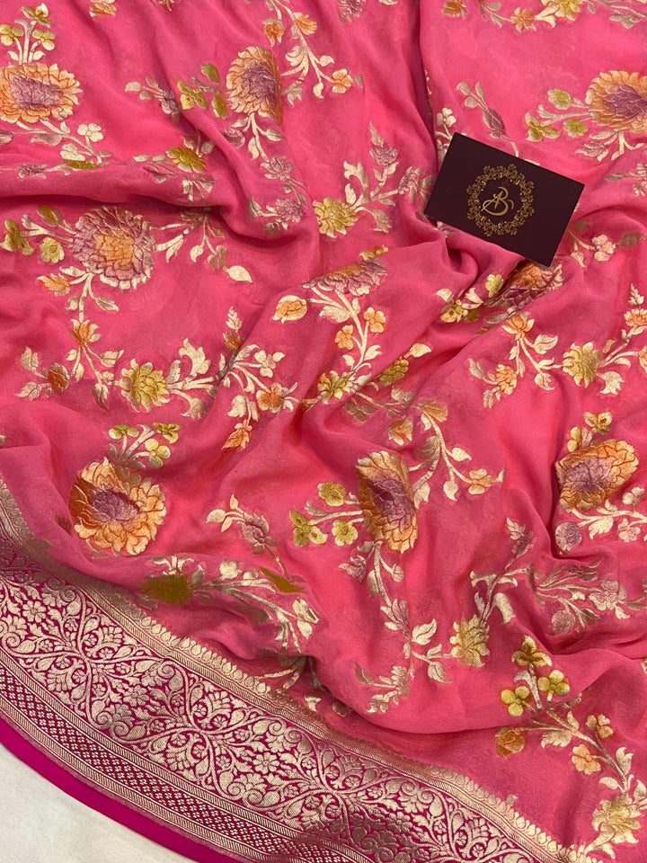 Peachish Pink Banarasi Handloom Pure Georgette Saree - Aura Benaras