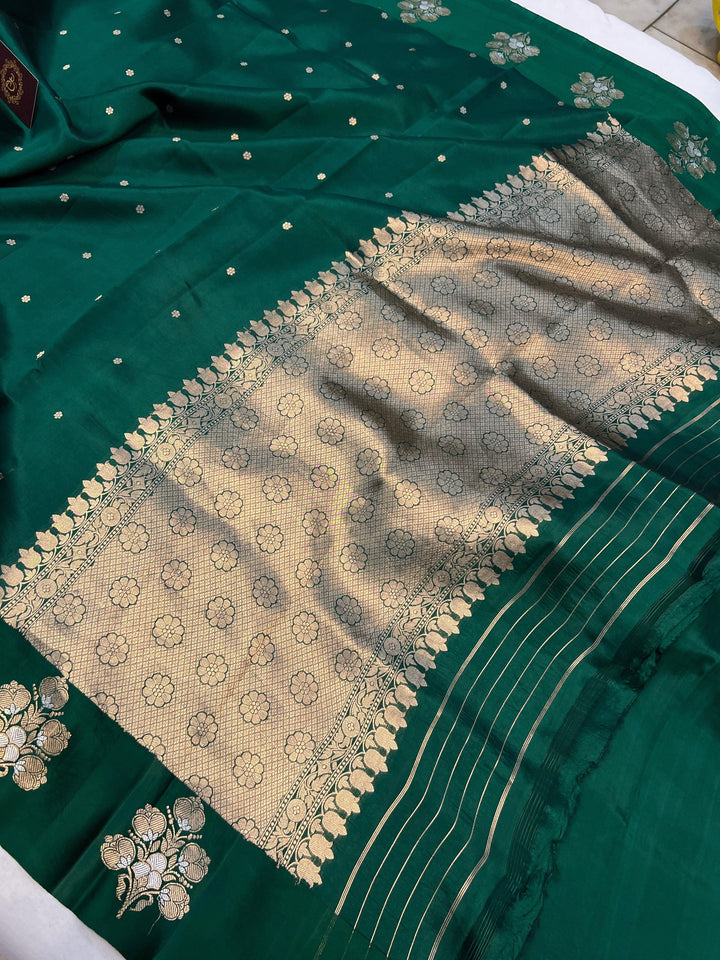 Bottle Green Pure Banarasi Handloom Silk Saree - Aura Benaras