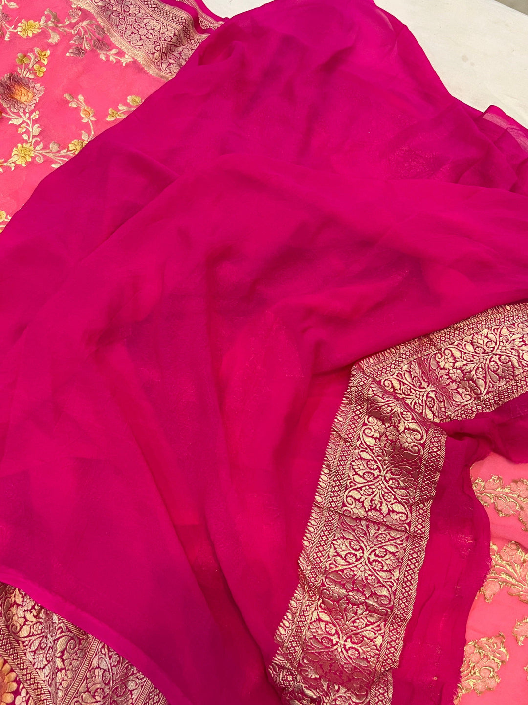 Peachish Pink Banarasi Handloom Pure Georgette Saree - Aura Benaras