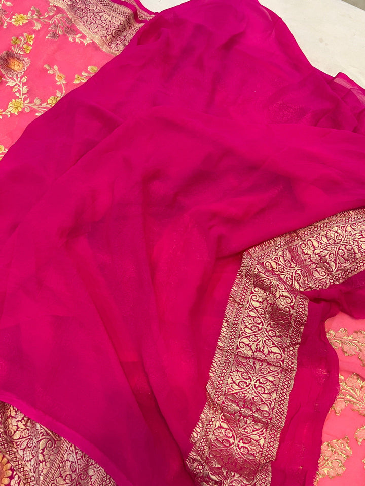 Peachish Pink Banarasi Handloom Pure Georgette Saree - Aura Benaras
