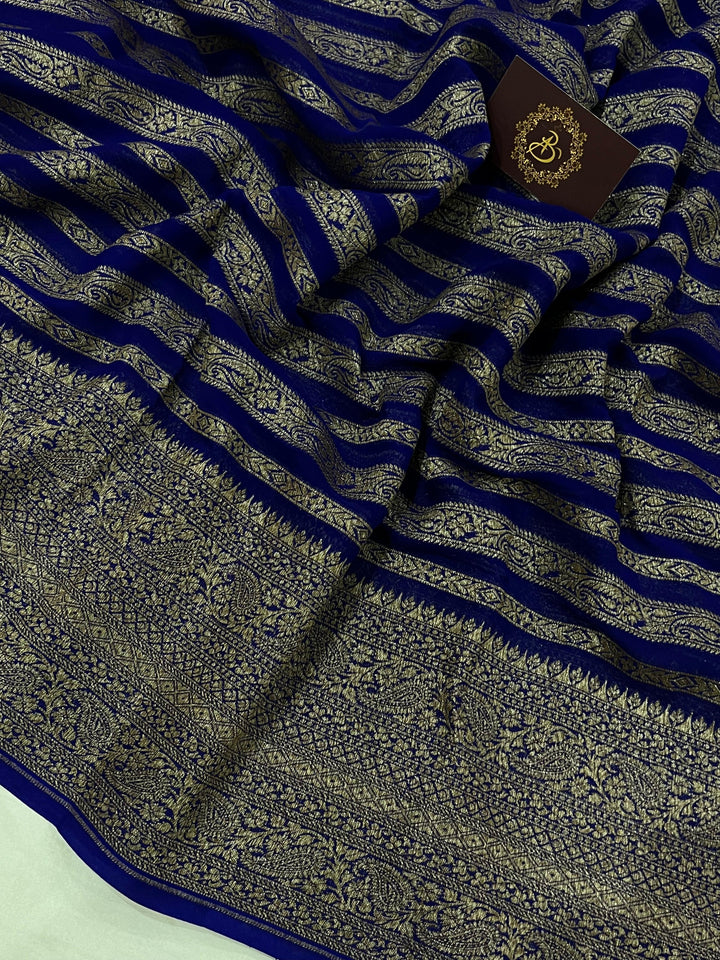Royal Blue Banarasi Handloom Pure Khaddi Georgette Saree - Aura Benaras