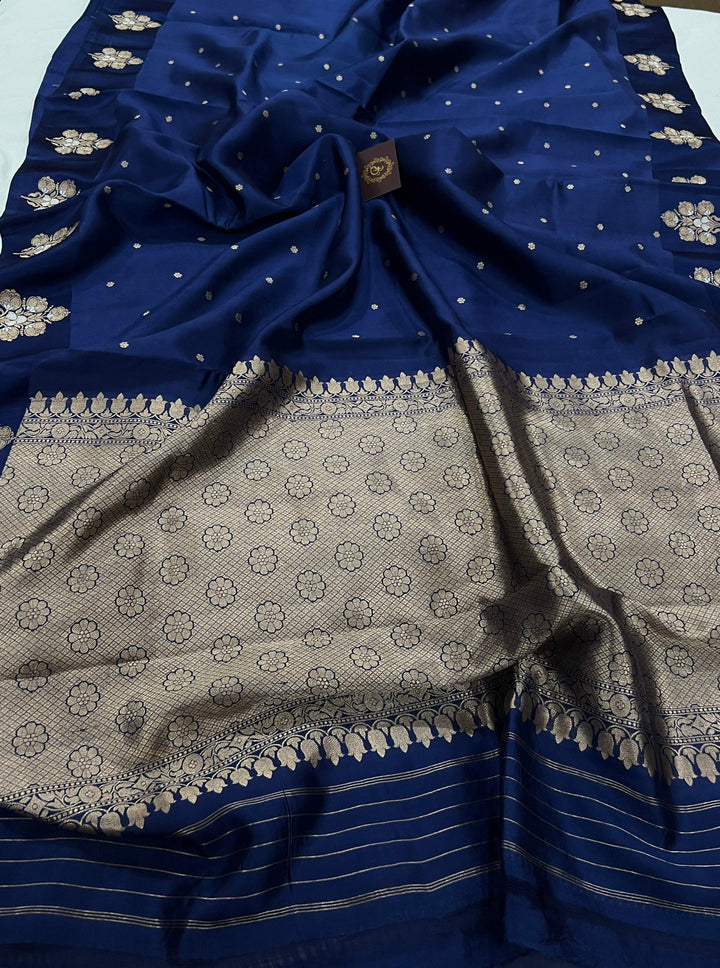 Navy Blue Pure Banarasi Handloom Silk Saree - Aura Benaras