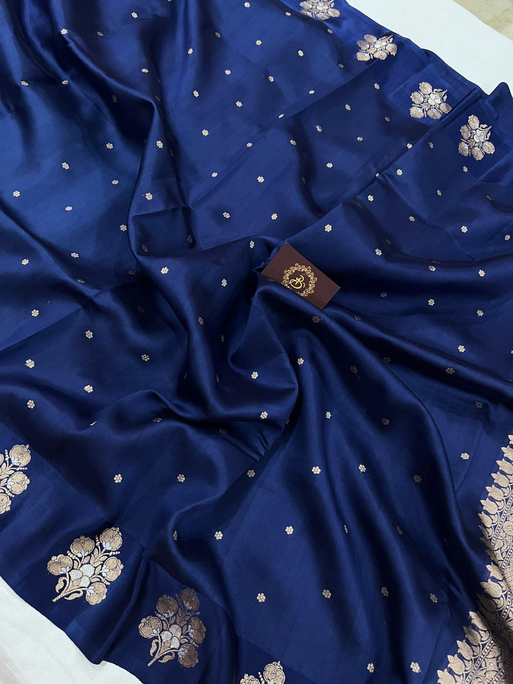 Navy Blue Pure Banarasi Handloom Silk Saree - Aura Benaras