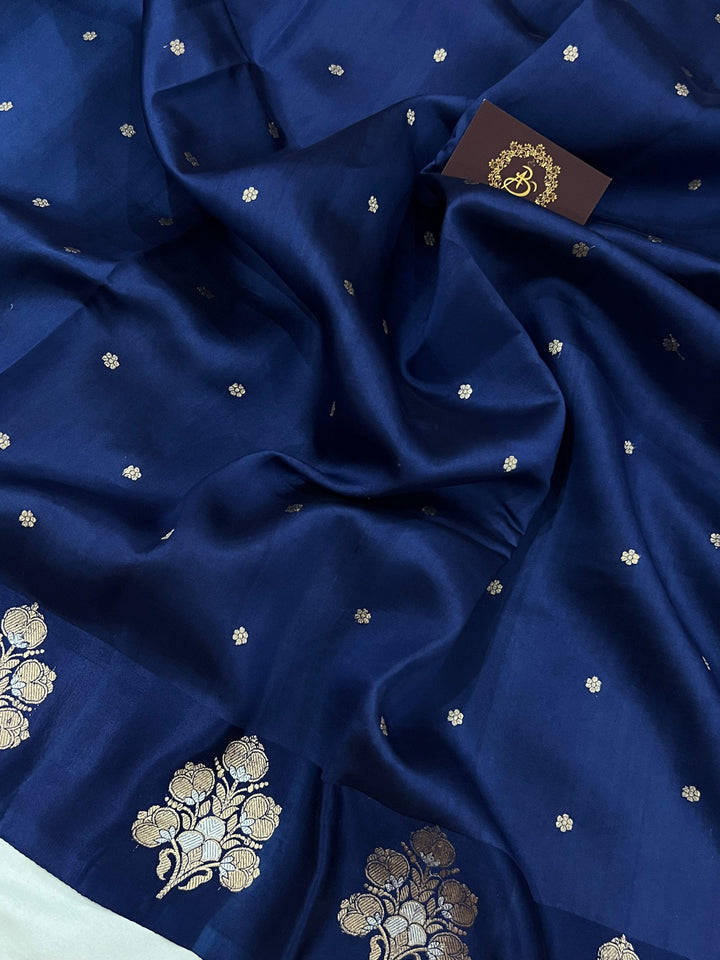 Navy Blue Pure Banarasi Handloom Silk Saree - Aura Benaras