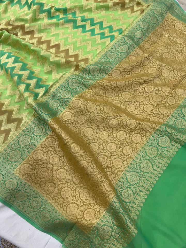 Green Rangkaat Pure Banarasi Khaddi Georgette Saree - Aura Benaras