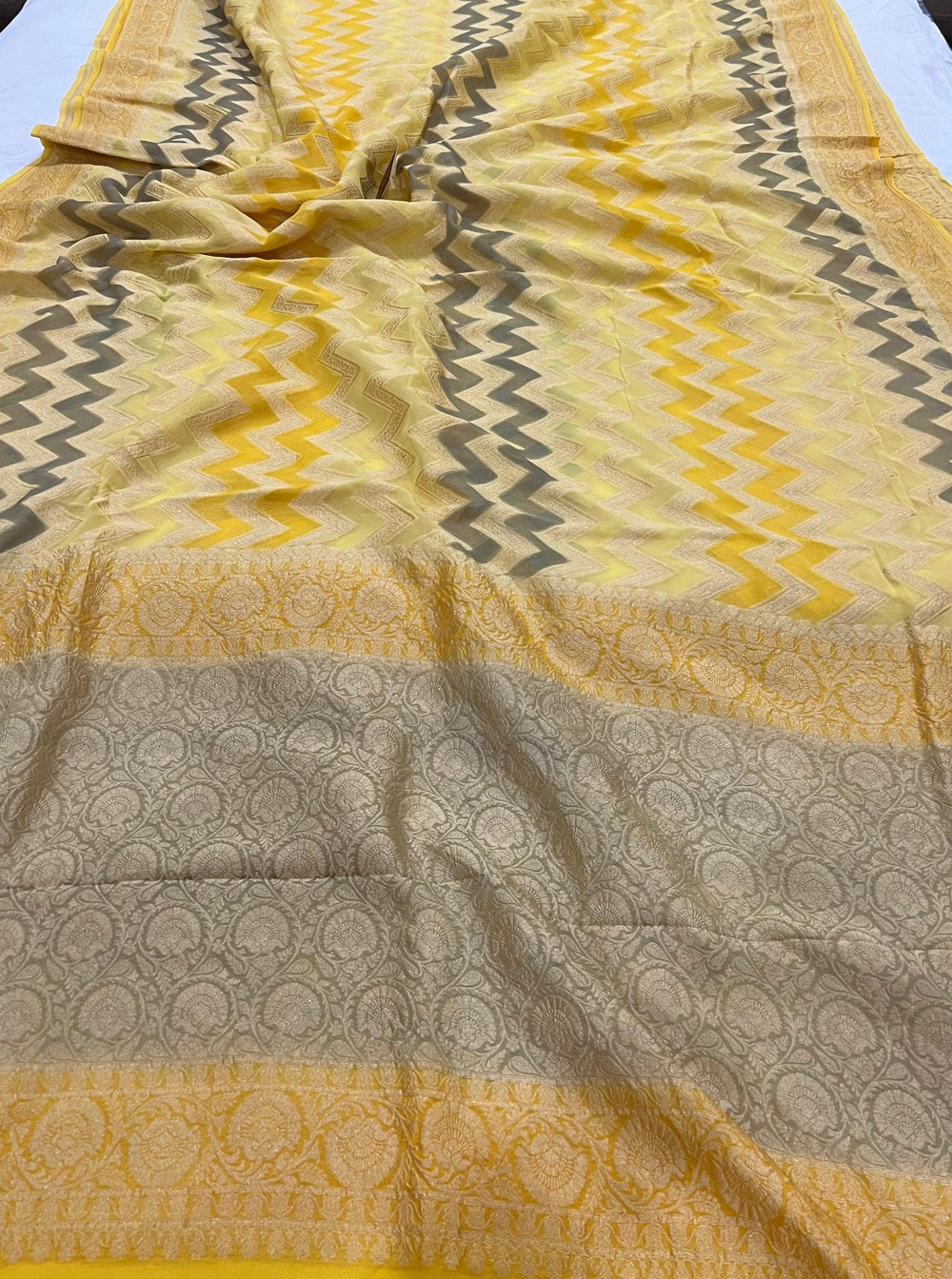 Yellow Rangkaat Pure Banarasi Khaddi Georgette Saree - Aura Benaras