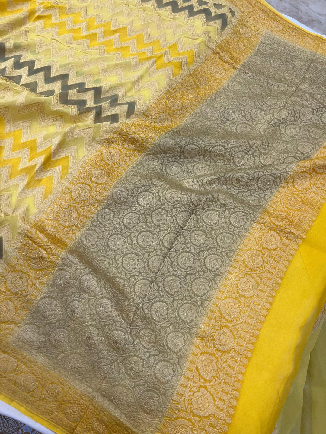 Yellow Rangkaat Pure Banarasi Khaddi Georgette Saree - Aura Benaras