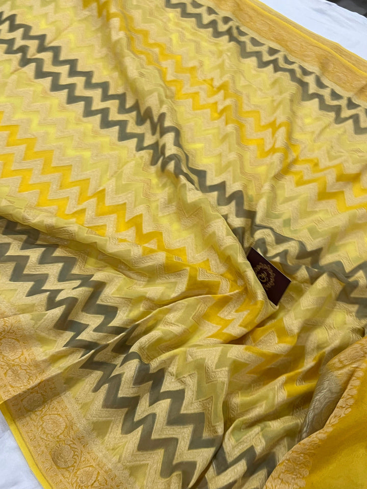 Yellow Rangkaat Pure Banarasi Khaddi Georgette Saree - Aura Benaras