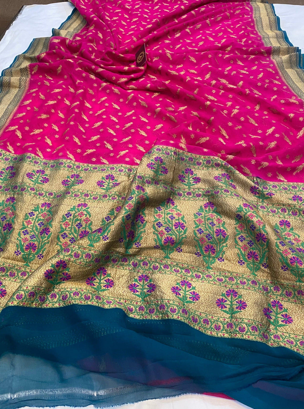 Rani Pink Banarasi Pure Khaddi Georgette Saree - Aura Benaras