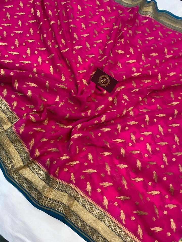 Rani Pink Banarasi Pure Khaddi Georgette Saree - Aura Benaras