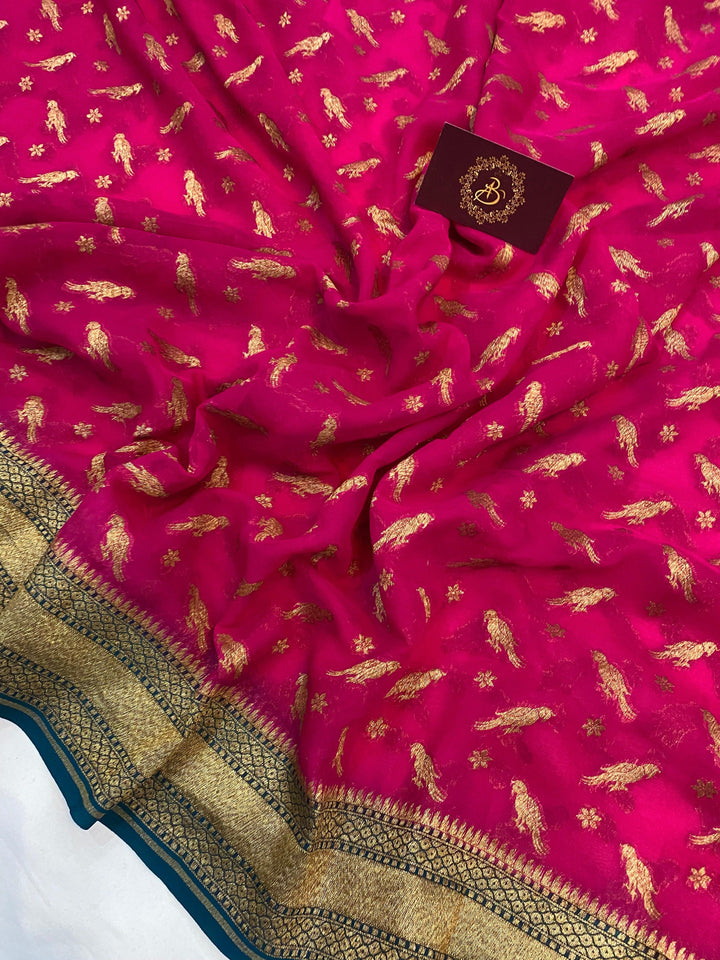 Rani Pink Banarasi Pure Khaddi Georgette Saree - Aura Benaras