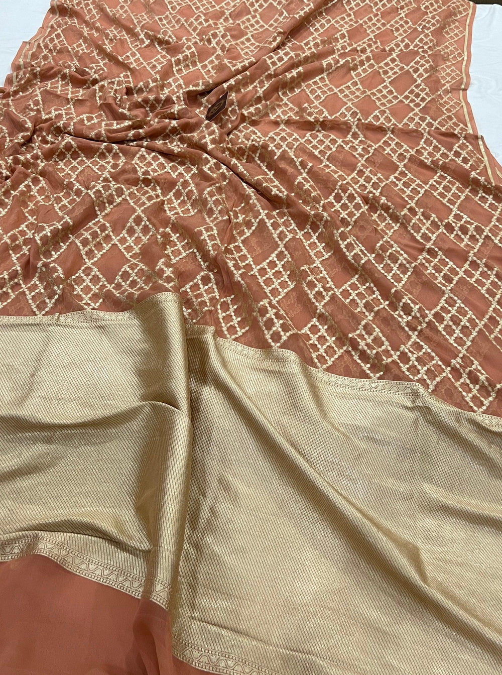 Dusky Peach Banarasi Khaddi Georgette Saree - Aura Benaras