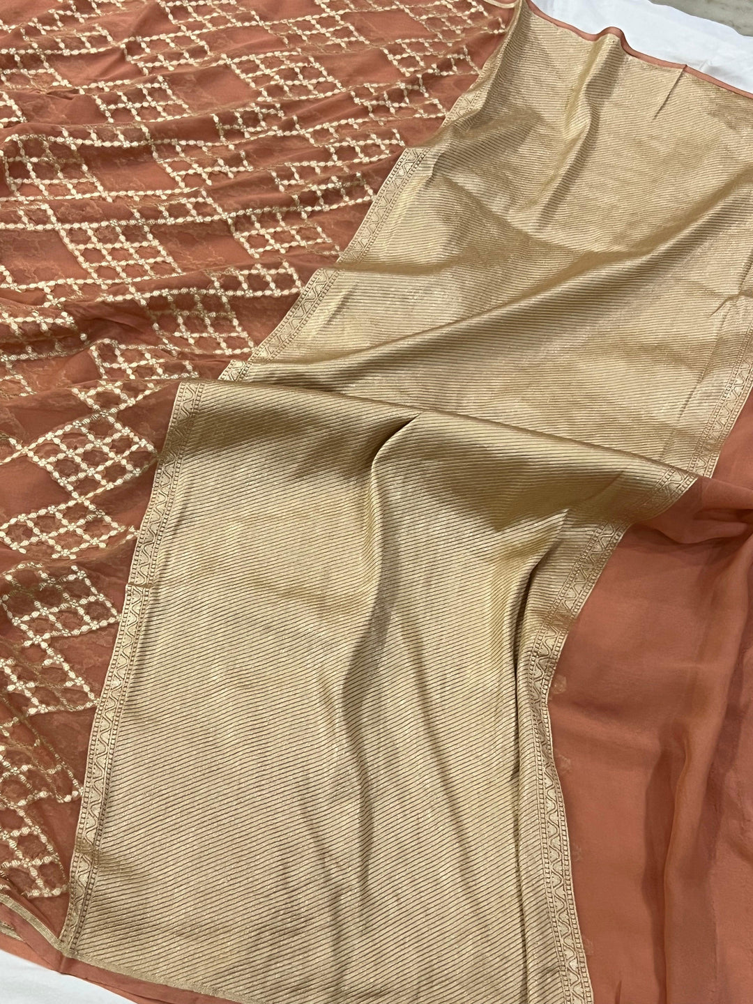 Dusky Peach Banarasi Khaddi Georgette Saree - Aura Benaras