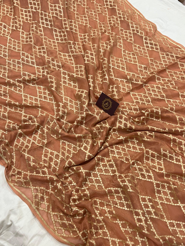 Dusky Peach Banarasi Khaddi Georgette Saree - Aura Benaras