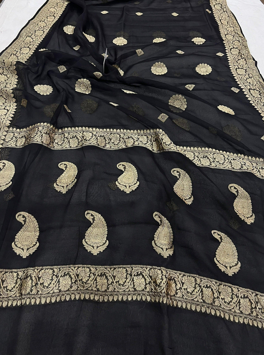 Black Khaddi Chiffon Banarasi Handloom Saree - Aura Benaras