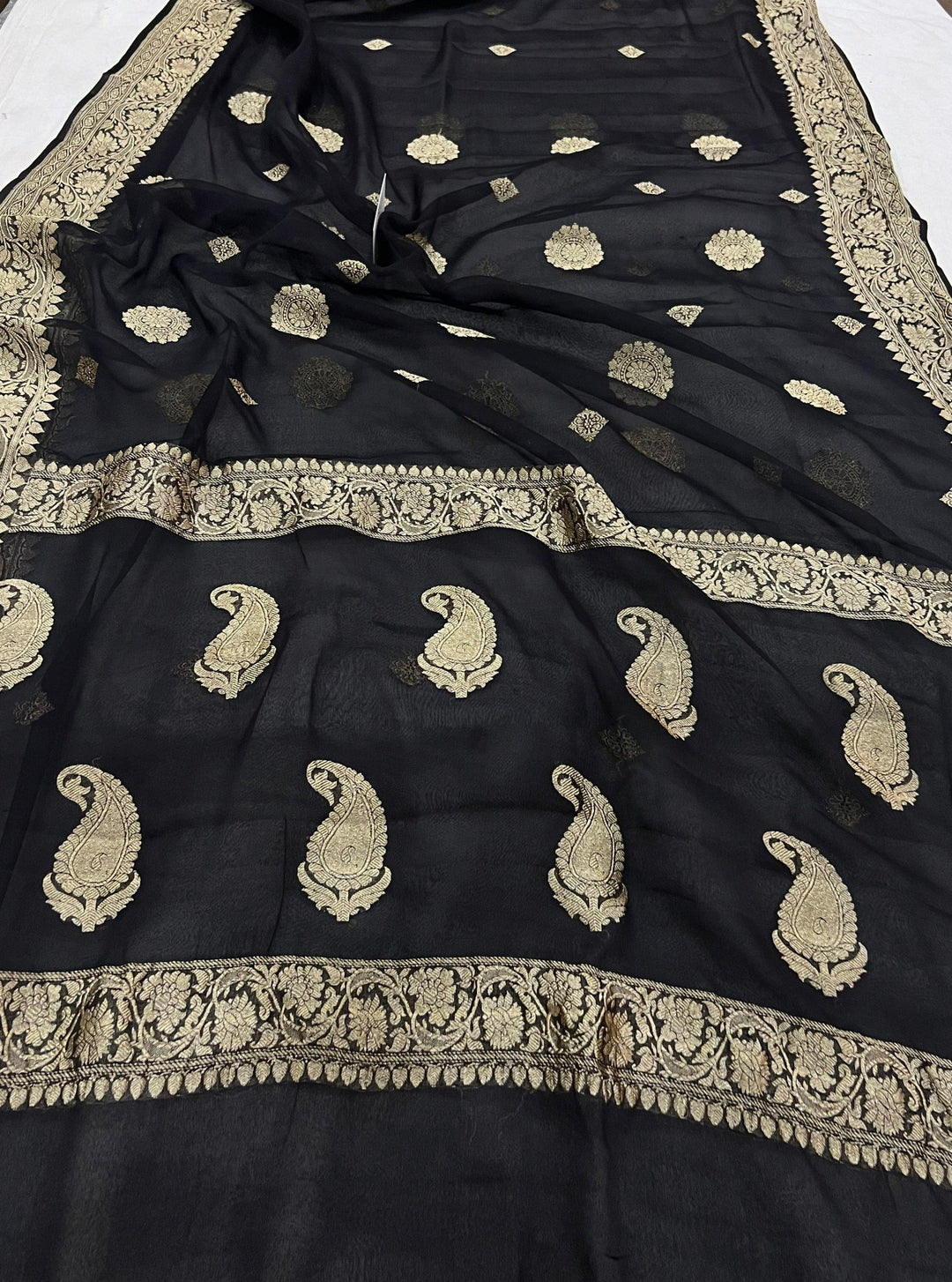 Black Khaddi Chiffon Banarasi Handloom Saree - Aura Benaras