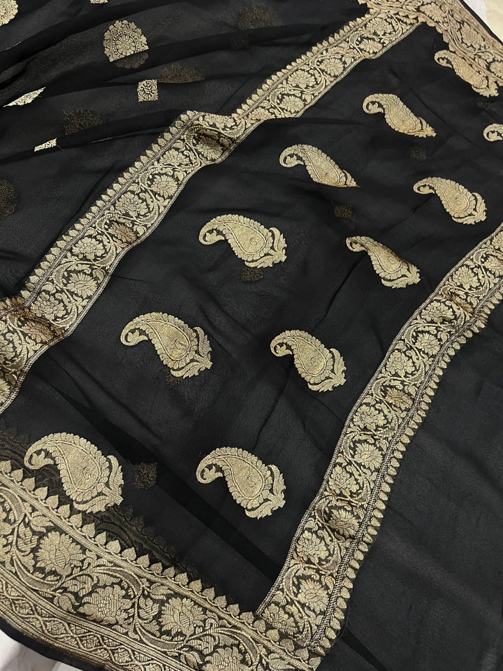 Black Khaddi Chiffon Banarasi Handloom Saree - Aura Benaras