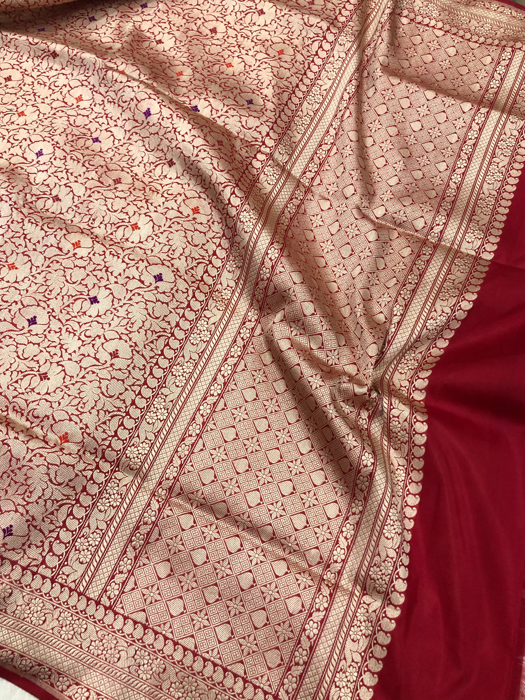 Red Jamawar Banarasi Handloom Katan Silk Saree - Aura Benaras